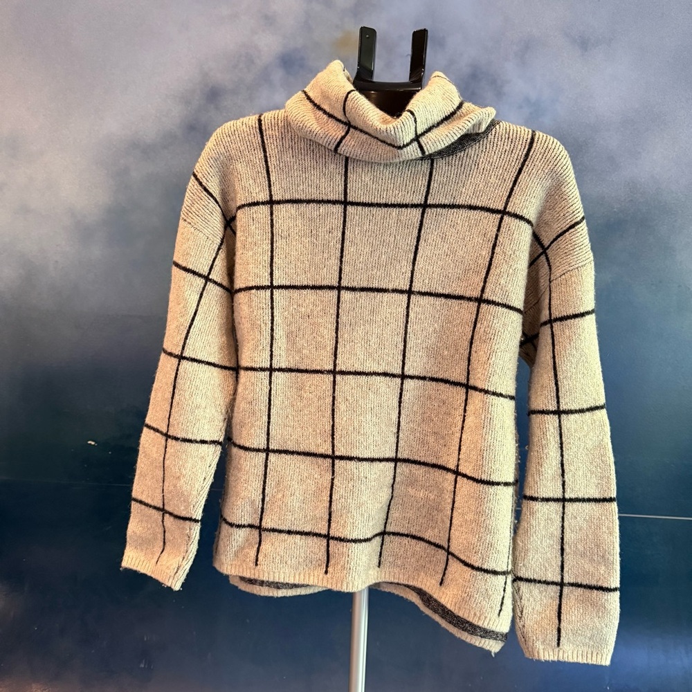 Madewell Cream and Black Grid Turtleneck Sweater